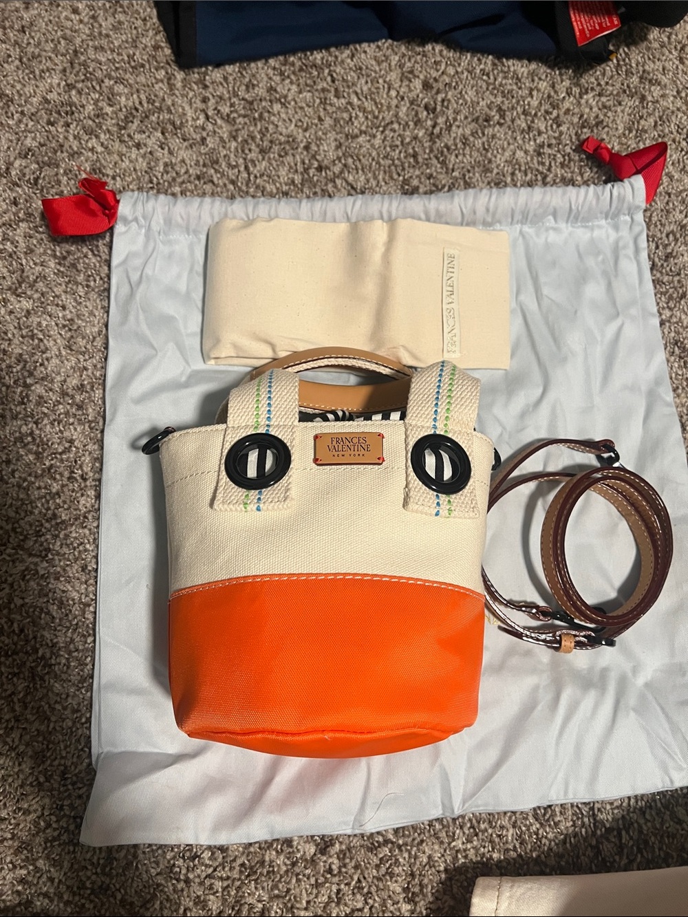 NWT Frances Valentine Cream and Orange Canvas Bucket Crossbody Bag - Picture 9 of 9